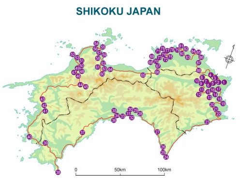 Map of Shikoku in Japan with the 88 temple path outlined